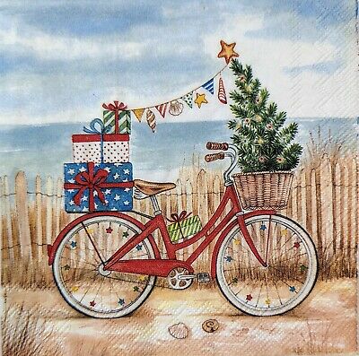 TWO Individual Paper Cocktail Decoupage Napkins - 1701 Christmas Beach Bicycle