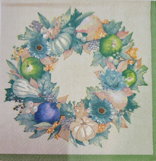 TWO Individual Paper Cocktail Decoupage Napkins- 2164 Autumn Wreath