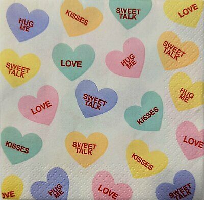 TWO Individual Paper Cocktail Decoupage Napkins - 1760 Valentine Candy Hearts