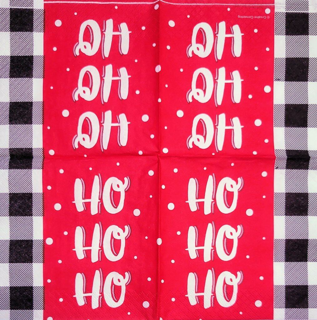 TWO Individual Paper Cocktail Decoupage Napkins- 2224 Ho Ho Ho Red w Black Check