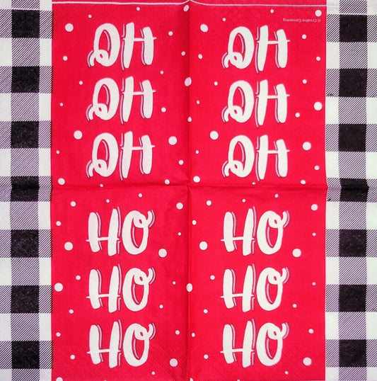 TWO Individual Paper Cocktail Decoupage Napkins- 2224 Ho Ho Ho Red w Black Check