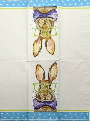 TWO Individual Paper Guest Decoupage Napkins - 1832 Bowtie Bunny with Glasses