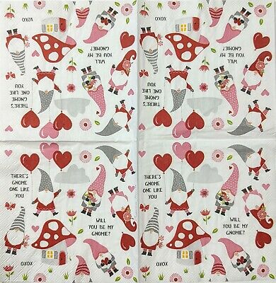 TWO Individual Paper Cocktail Decoupage Napkins - 1757 Valentine Gnomes