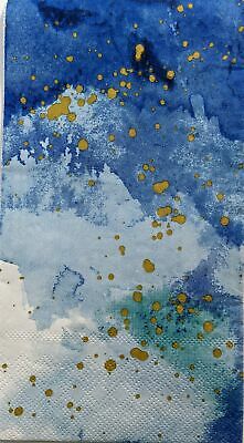 TWO Individual Paper Guest Decoupage Napkins- 1453 Blue Watercolor w/ Gold Spots