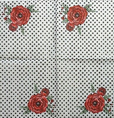 TWO Individual Paper Cocktail Decoupage Napkins - 1951 Red Peonies & Polka Dots