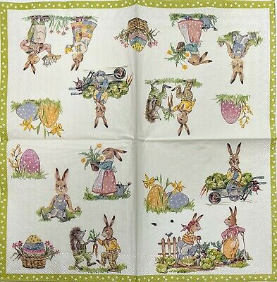 TWO Individual Paper Cocktail Decoupage Napkins - 1910 Easter Bunny Stories