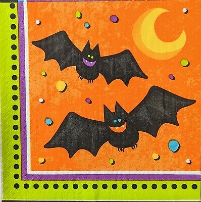 2 Individual Paper Lunch Decoupage Napkins-1705 Vibrant Halloween Pumpkin & Bats