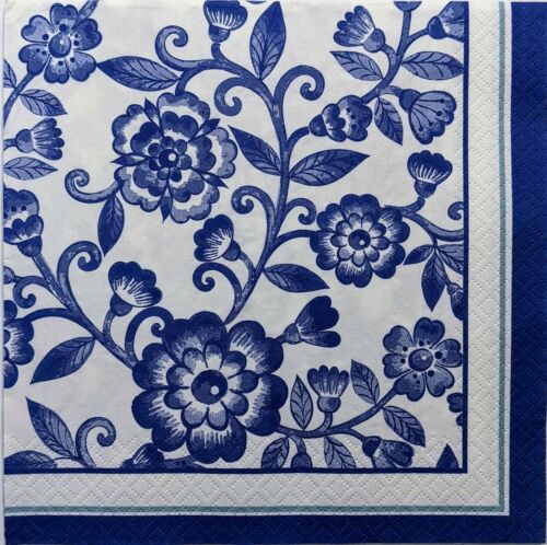 2 Individual Paper Lunch Decoupage Napkins-Blue Floral w/border 1106