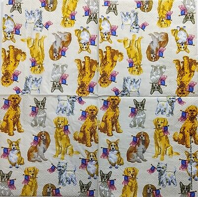 TWO Individual Paper Cocktail Decoupage Napkins - 1987 American Flag Dogs