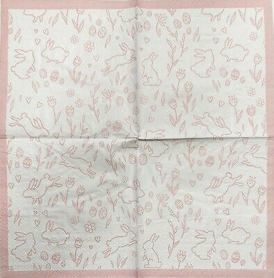 TWO Individual Paper Cocktail Decoupage Napkins - 1913 Pink Easter Bunnies