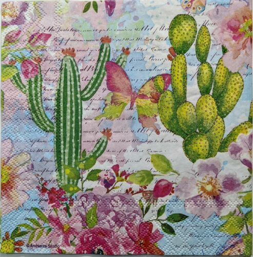 2 Individual Paper Lunch Decoupage Napkins-Desert Flowers / Cacti 1103