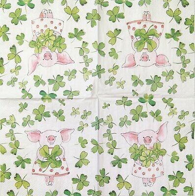 TWO Individual Paper Cocktail Decoupage Napkins - 1776 Pink Pig Shamrocks