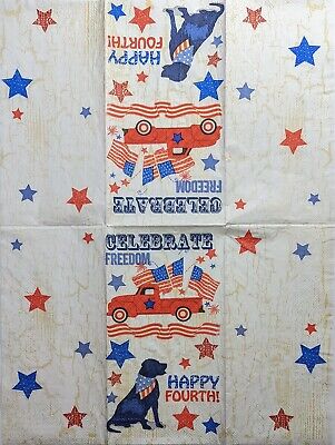 TWO Individual Paper Guest Decoupage Napkins - 2022 Patriotic Dog and Truck