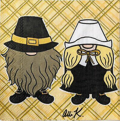 TWO Individual Paper Cocktail Decoupage Napkins - 1580 Pilgrim Gnome Couple