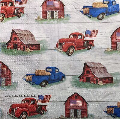 TWO Individual Paper Lunch Decoupage Napkins - 2008 Patriotic Barns Trucks Flags