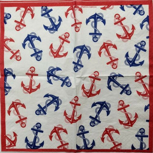 TWO Individual Paper Cocktail Decoupage Napkins- Nautical Anchors Red/Blue 1296