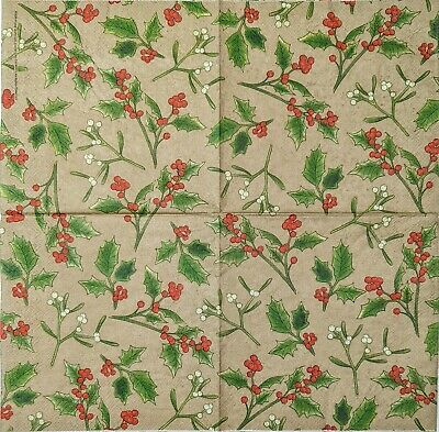 TWO Individual Paper Lunch Decoupage Napkins - 1662 Beige Christmas Holly