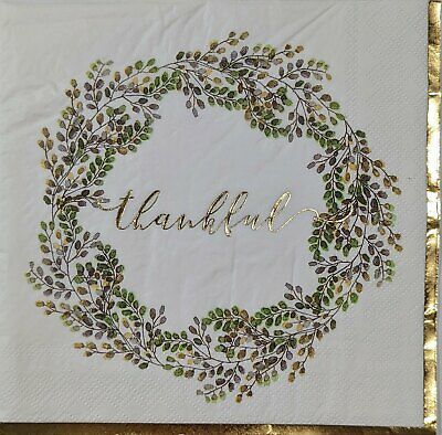 TWO Individual Paper Lunch Decoupage Napkins - 1721 Foil Thankful Wreath