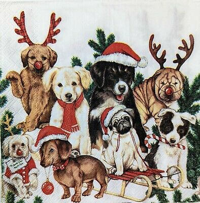 TWO Individual Paper Lunch Decoupage Napkins - 1718 Holiday Reindeer Dogs