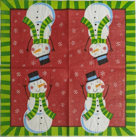 2 Individual Paper Lunch Decoupage Napkins - Jolly Snowman on Red and Green 1074