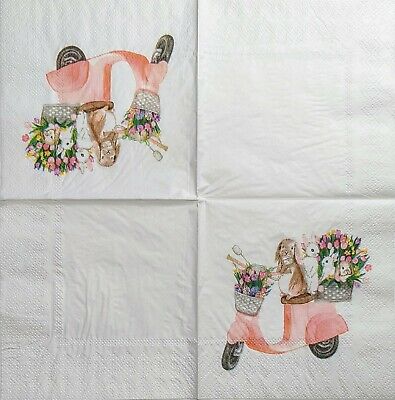 TWO Individual Paper Cocktail Decoupage Napkins - 1937 Easter Bunny Scooter