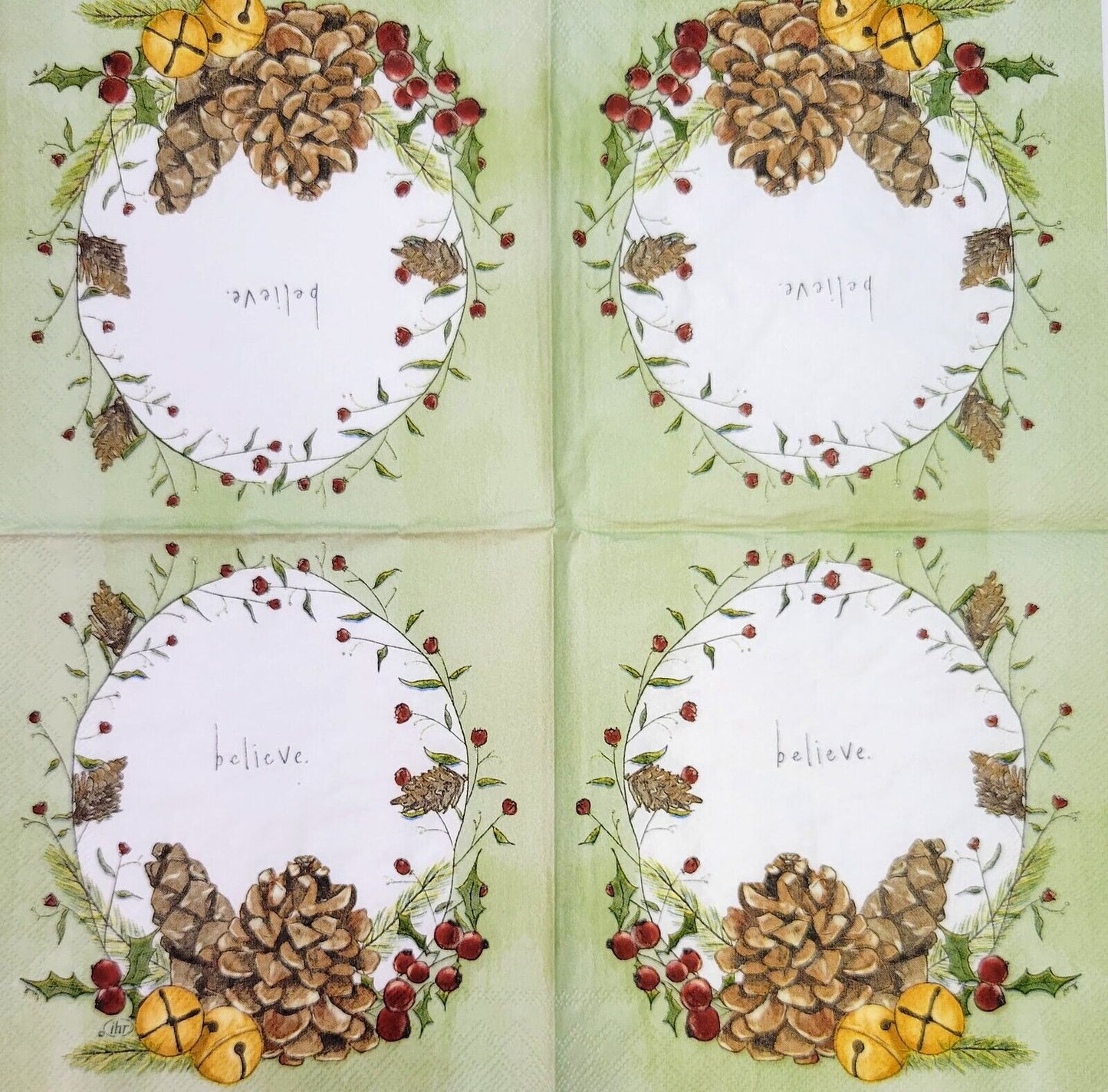 TWO Individual Paper Cocktail Decoupage Napkins - 2177 Believe Pinecone Wreath