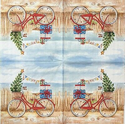 TWO Individual Paper Cocktail Decoupage Napkins - 1701 Christmas Beach Bicycle