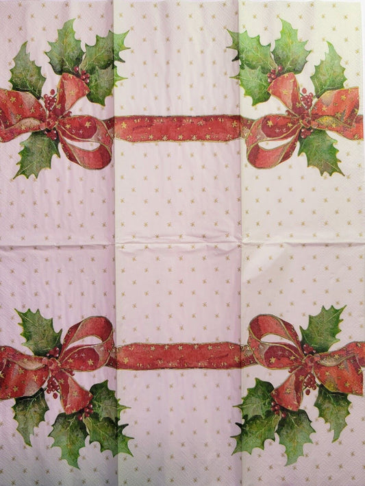 TWO Individual Paper Guest Decoupage Napkins - 2255 Christmas Bow with Holly