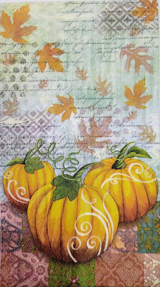 TWO Individual Paper Guest Decoupage Napkins - 2199 Scripted Fall Pumpkins