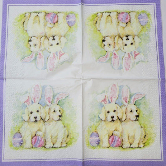 TWO Individual Paper Cocktail Decoupage Napkins - 2330 Easter Doggy Bunnies