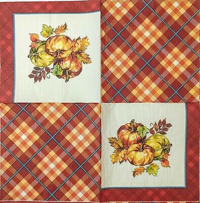 TWO Individual Paper Lunch Decoupage Napkins - 1707 Plaid Fall Pumpkins