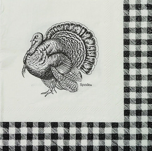 2 Individual Paper Cocktail Decoupage Napkins- 2075 Black & White Gingham Turkey