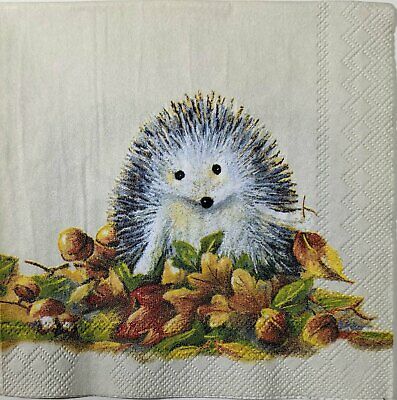 TWO Individual Paper Cocktail Decoupage Napkins - 1594 Fall Hedgehog Friends