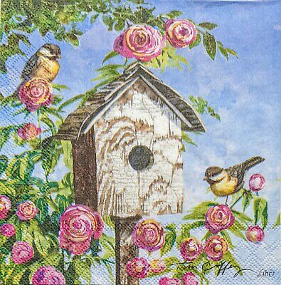 TWO Individual Paper Cocktail Decoupage Napkins - 1947 Lovely Birdhouse