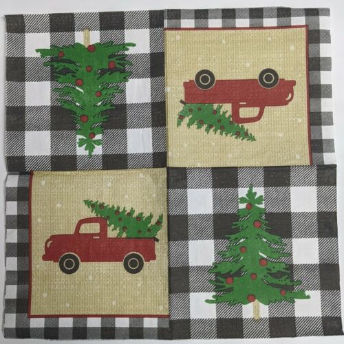 TWO Individual Paper Lunch Decoupage Napkins-Red Truck Christmas Tree Check 1086