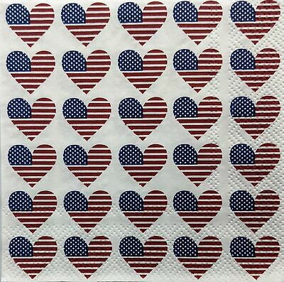 TWO Individual Paper Cocktail Decoupage Napkins - 1387 American Flag Hearts