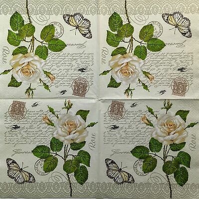 TWO Individual Paper Lunch Decoupage Napkins - 1374 Vintage Rose w/ Butterfly