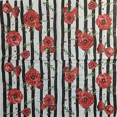 TWO Individual Paper Lunch Decoupage Napkins - 1963 Red Peonies & Stripes