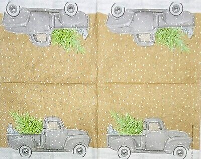 TWO Individual Paper Cocktail Decoupage Napkins - 2042 Gray Christmas Truck