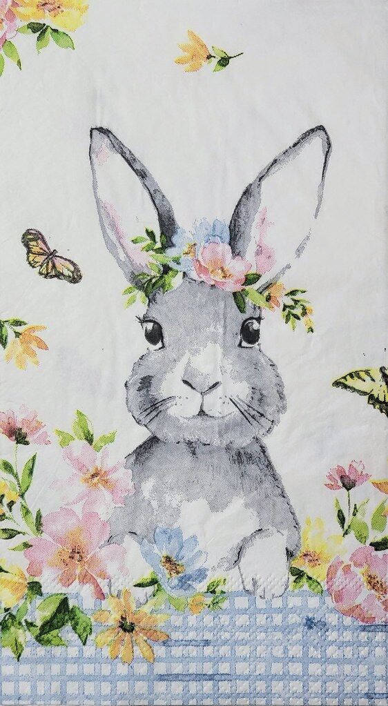 TWO Individual Paper Guest Decoupage Napkins - 2313 Floral Bunny and Butterflies