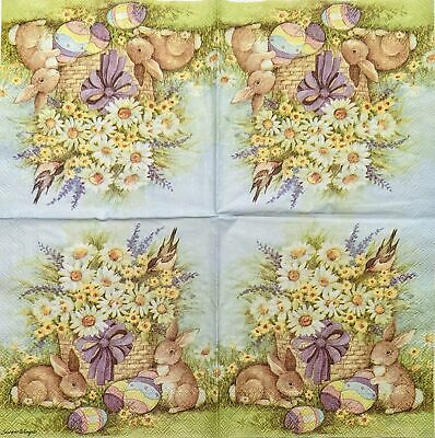 TWO Individual Paper Cocktail Decoupage Napkins - 1855 Bunnies & Easter Basket