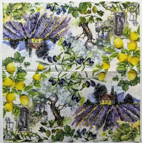 TWO Individual Paper Cocktail Decoupage Napkins - Country House Lemon/Olive 1092