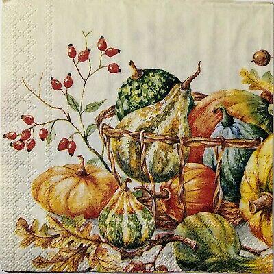 TWO Individual Paper Cocktail Decoupage Napkins - 1567 Pumpkins & Gourds