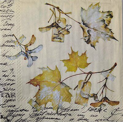 TWO Individual Paper Cocktail Decoupage Napkins - 1555 Maple Leaves w/ Script