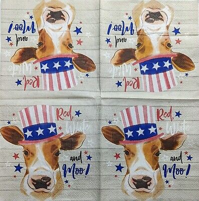 TWO Individual Paper Cocktail Decoupage Napkins - 1989 Red White & Moo Cow