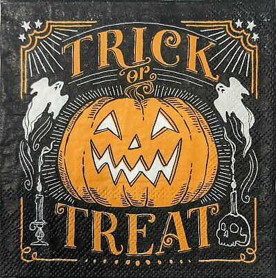 TWO Individual Paper Cocktail Decoupage Napkins - 1597 Trick or Treat Pumpkin