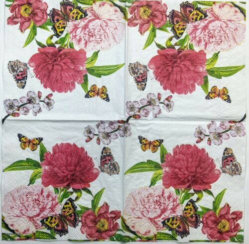 TWO Individual Paper Cocktail Decoupage Napkins- Peonies & Butterfly 1156