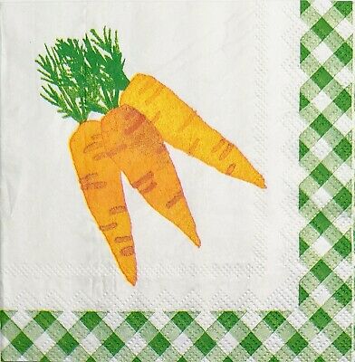 TWO Individual Paper Cocktail Decoupage Napkins - 1984 Carrots w/ Green Gingham