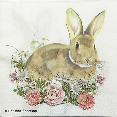 TWO Individual Paper Cocktail Decoupage Napkins - 1854 Bunny with Flowers