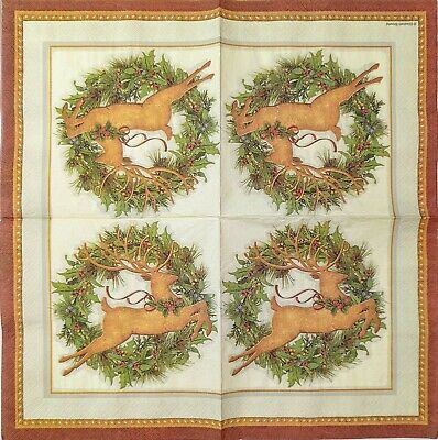 TWO Individual Paper Lunch Decoupage Napkins - 1719 Reindeer Wreath